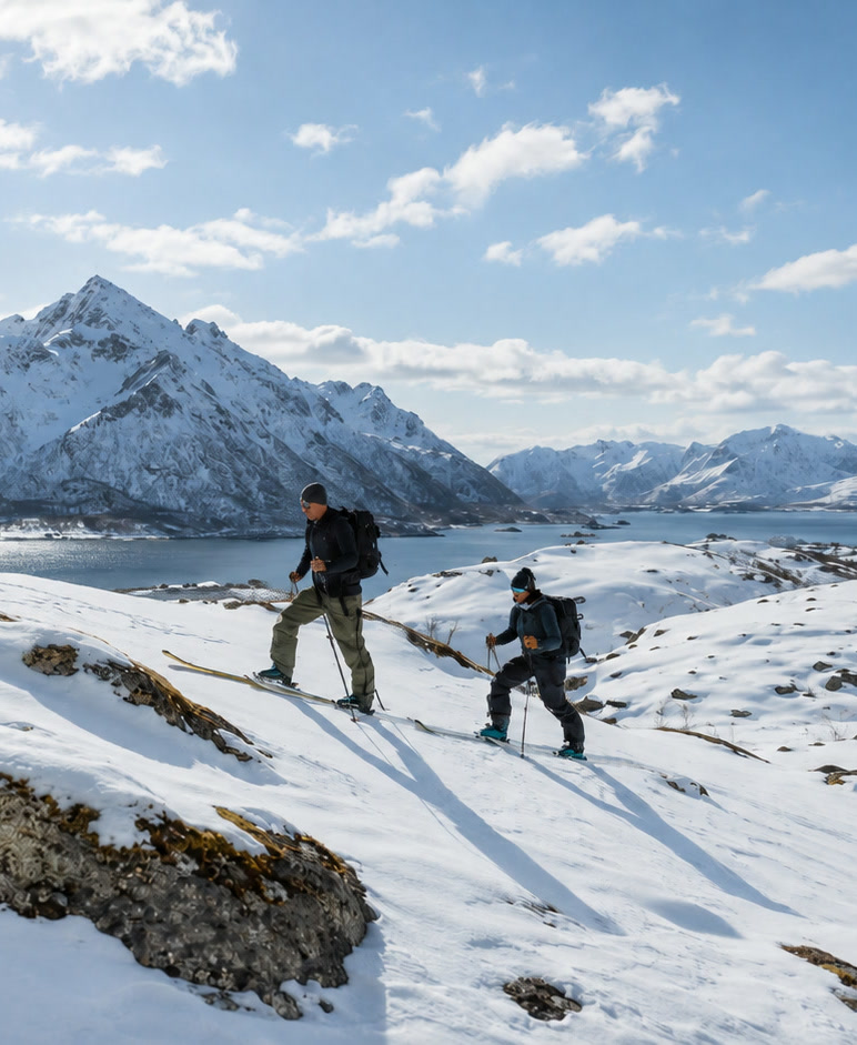 Deux skieurs de randonnée à la montée au-dessus d’un fjord des Lofoten