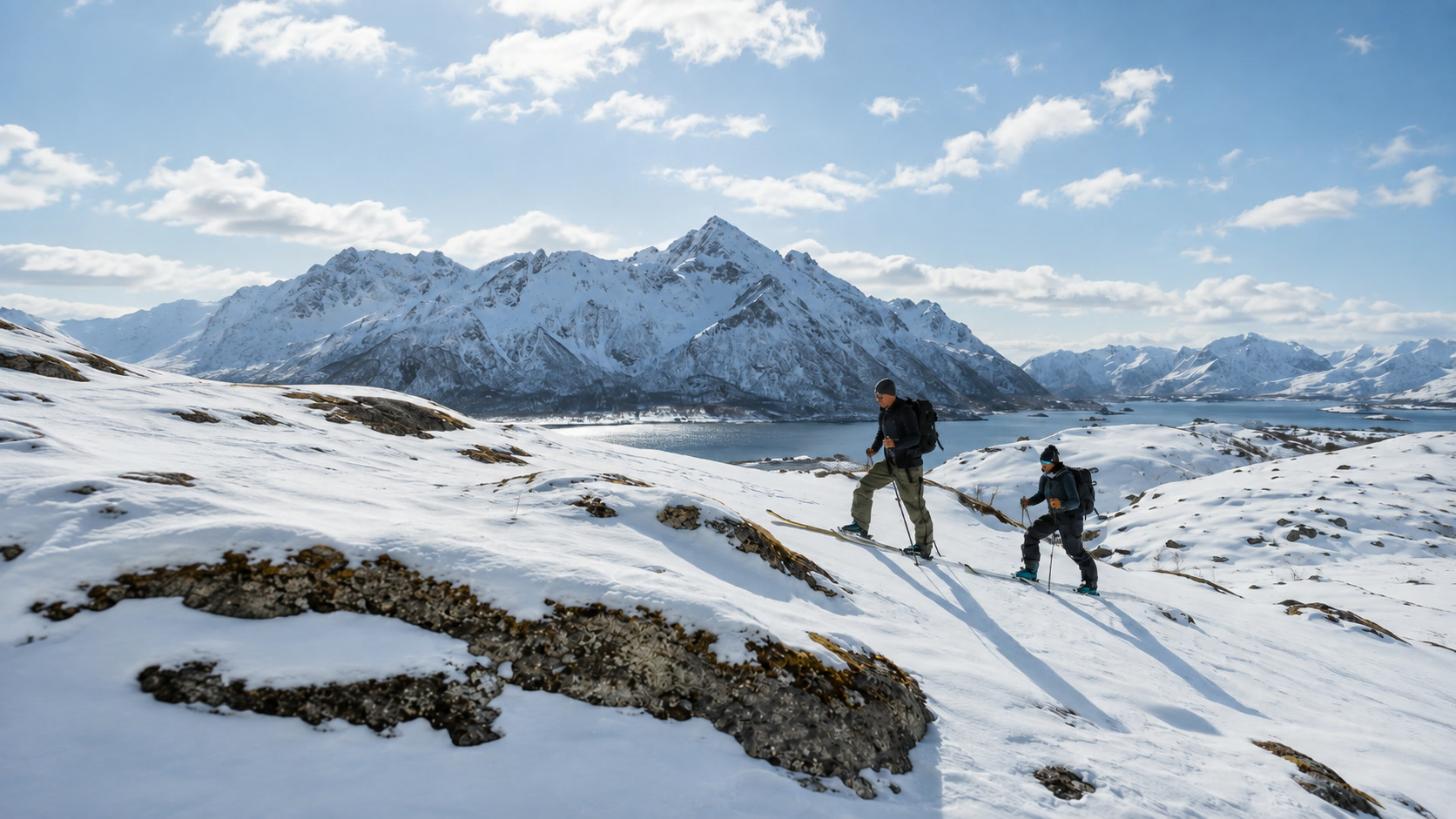 Ski de randonnée au-dessus d’un fjord des Lofoten